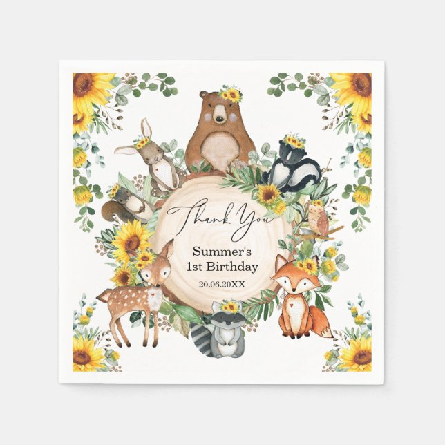 Serviette En Papier Chic Sunflower Woodland Animaux Baby Girl Annivers (Devant)