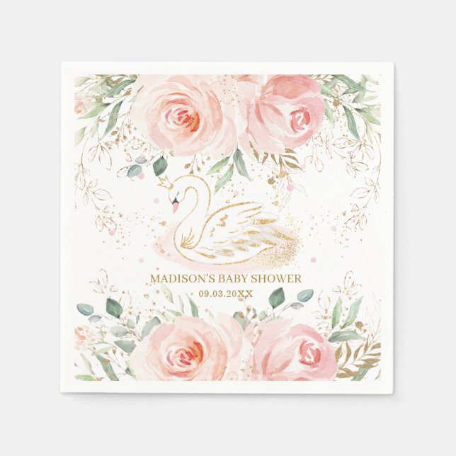 Serviette En Papier Chic Swan Blush rose Baby shower Floral Anniversai (Devant)