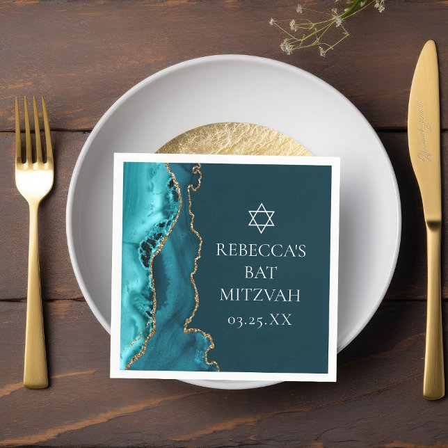 Serviette En Papier Chic Turquoise Gold Agate Bat mitzvah Party (Créateur téléchargé)