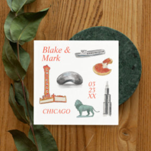 Serviette En Papier Chicago aquarelle Icons Mariage Cocktail Napkins