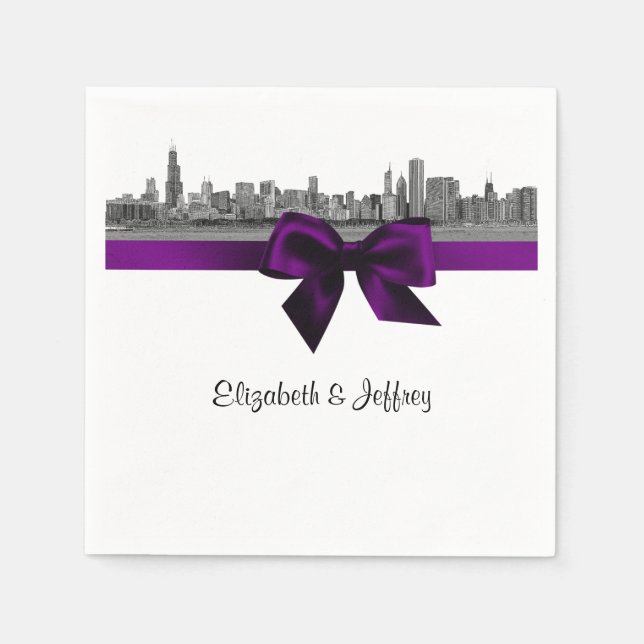 Serviette En Papier Chicago Skyline Etted BW Purple Napkins (Devant)