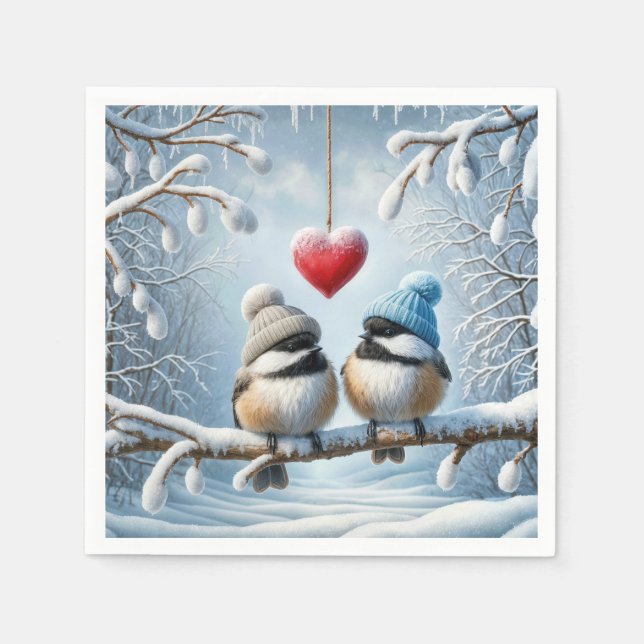 Serviette En Papier Chickadee de Noël Au Coeur Rouge (Devant)