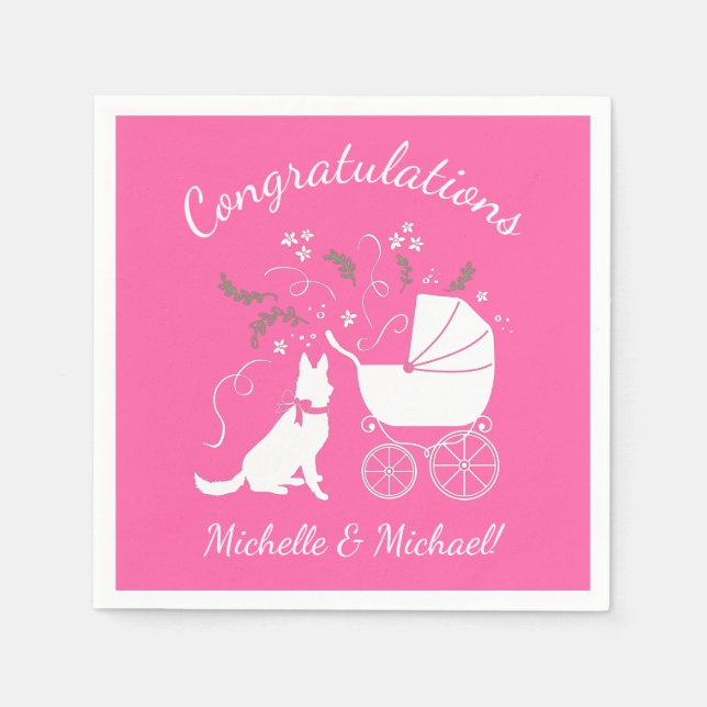 Serviette En Papier Chien berger allemand Baby shower fille rose (Devant)