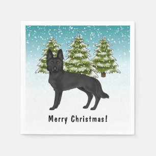 Serviette En Papier Chien Berger Allemand noir forêt d'hiver avec text