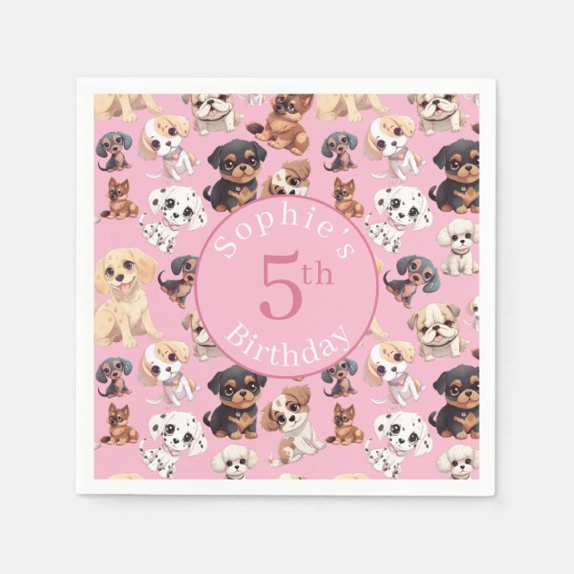 Serviette En Papier Chien coquelicot mignon Anniversaire rose (Devant)