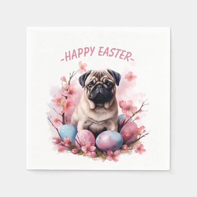 Serviette En Papier Chien de Carlin de Pâques - Oeufs et fleurs - (Devant)
