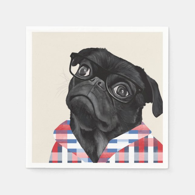 Serviette En Papier Chien De Carlin Noir Avec Lunettes Et Chemise (Devant)