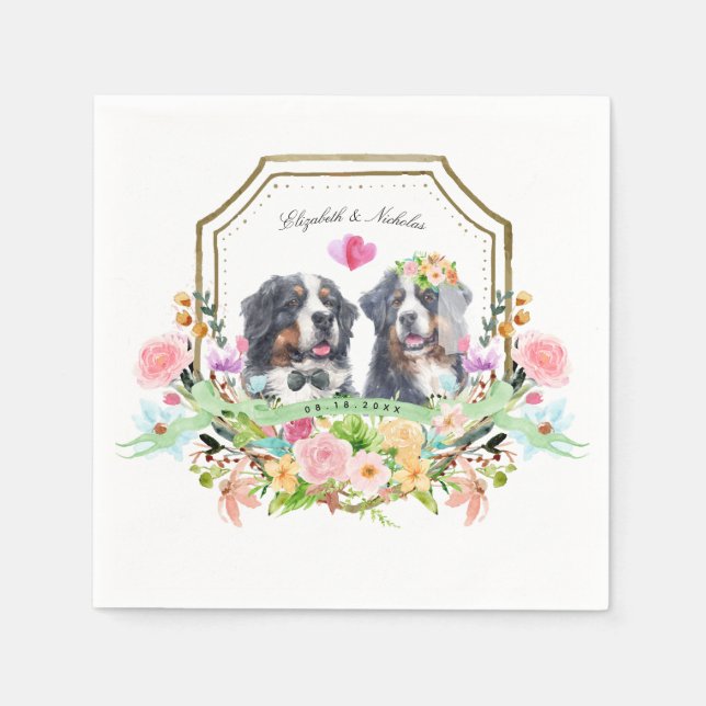 Serviette En Papier Chien de montagne bernois | Mariage Gold Floral Cr (Devant)