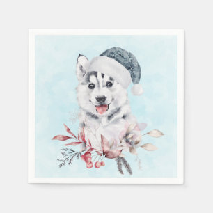 Serviette En Papier Chien de Noël Husky dans un chapeau de Père Noël