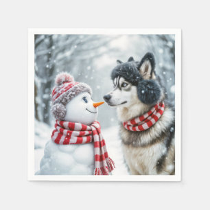 Serviette En Papier Chien Husky Avec Snowman