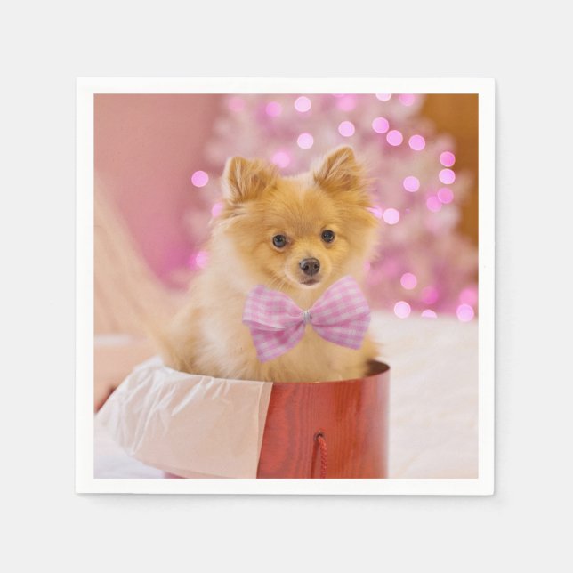 Serviette En Papier Chien mignon avec cabot rose Photo de Noël (Devant)