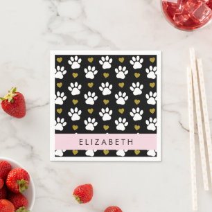 Serviette En Papier Chien Paws, White Paws, Gold Hearts, Votre Nom