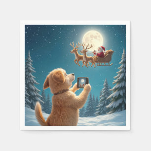 Serviette En Papier Chien Photographiant Le Père Noël À Sleigh