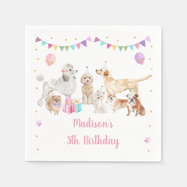 Serviette En Papier Chien rose rose or Paw-ty fille Anniversaire (Devant)