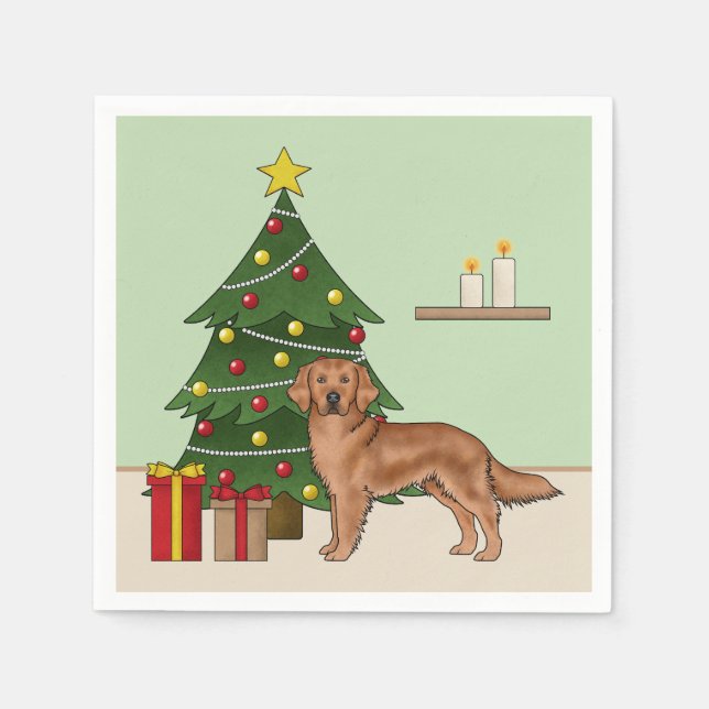 Serviette En Papier Chien rouge Golden Retriever et arbre de Noël vert (Devant)