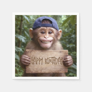 Serviette En Papier Chimpanzé tenant un panneau Joyeux Anniversaire