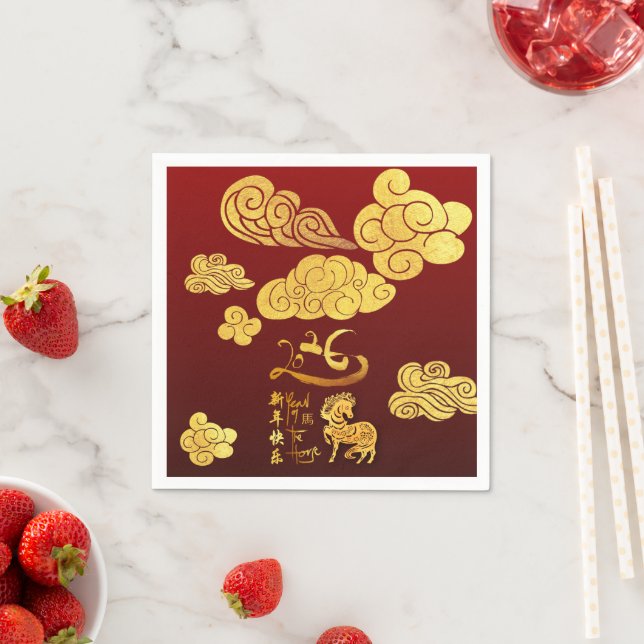 Serviette En Papier Chinese New Year Horse 2026 Gold Clouds PPN (En situation)