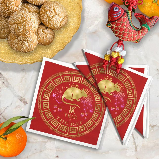 Serviette En Papier Chinois Zodiac Rat Rouge/Or ID542 (Créateur téléchargé)