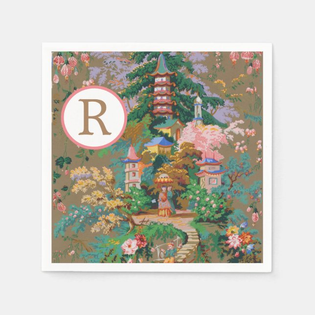 Serviette En Papier Chinoiserie Antique Chine Monogram Garden Temple (Devant)