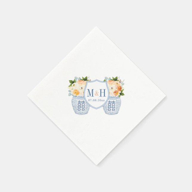 Serviette En Papier Chinoiserie Automne Fleurs Monogramme Mariage (Coin)