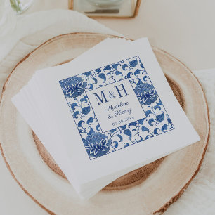 Serviette En Papier Chinoiserie bleu et blanc Monogramme Mariage