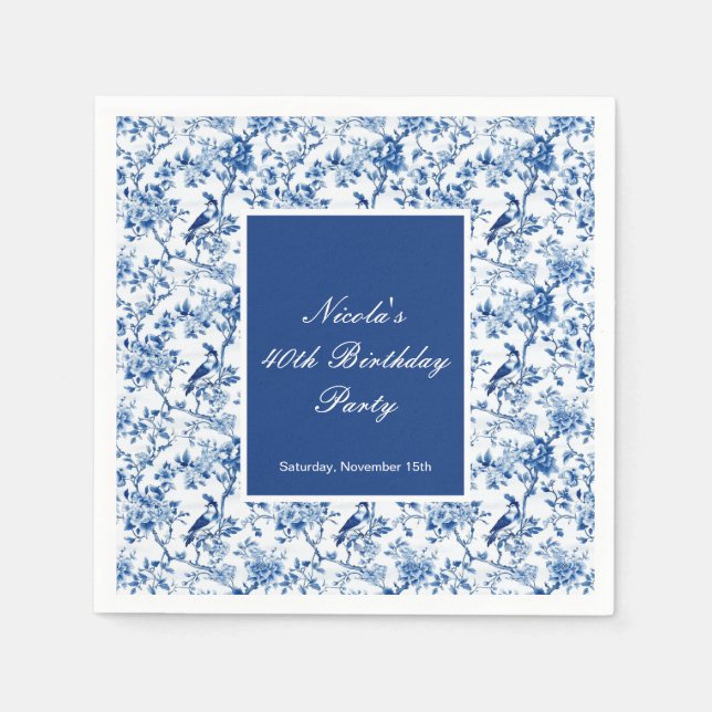 Serviette En Papier Chinoiserie Blue Birds and Flowers Anniversaire (Devant)