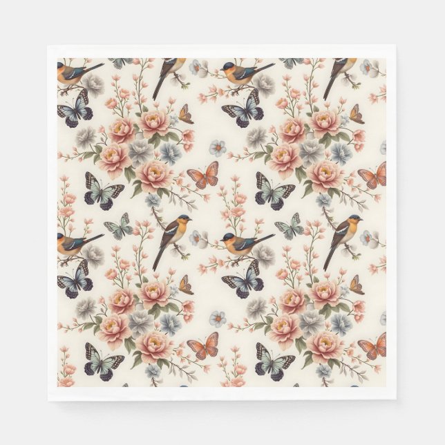 Serviette En Papier Chinoiserie Harmonie des oiseaux et des papillons (Devant)