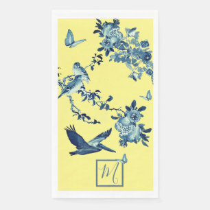 Serviette En Papier Chinoiserie jaune bleu Floral Élégant Monogramme