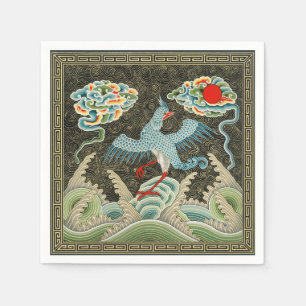 Serviette En Papier Chinoiserie Motif de grue dorée et de vague marine