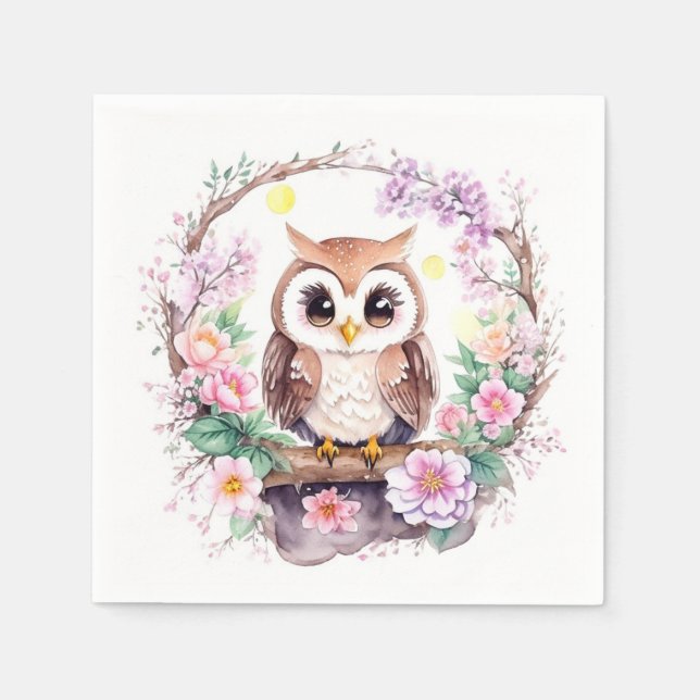 Serviette En Papier Chouette rose Aventure bébé fille douche (Devant)