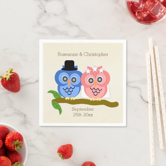 Serviette En Papier Chouettes Design Champagne Mariage couleur (En situation)