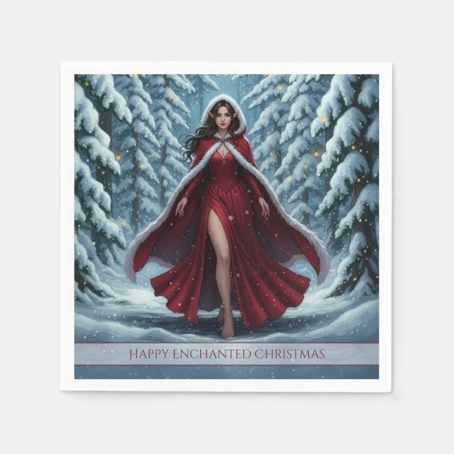 Serviette En Papier Christmas Elf in Red in Snowy Winter Forest (Devant)