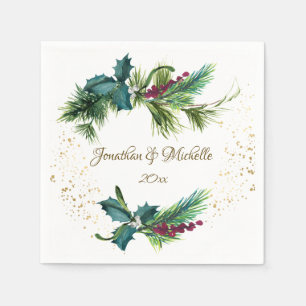 Serviette En Papier Christmas Evergreen Red Berry Winter Wedding