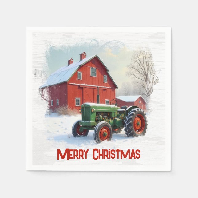 Serviette En Papier Christmas Farm Tractor and Red Barn (Devant)