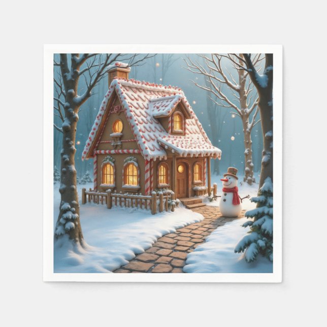 Serviette En Papier Christmas Gingerbread House With a Snowman  (Devant)