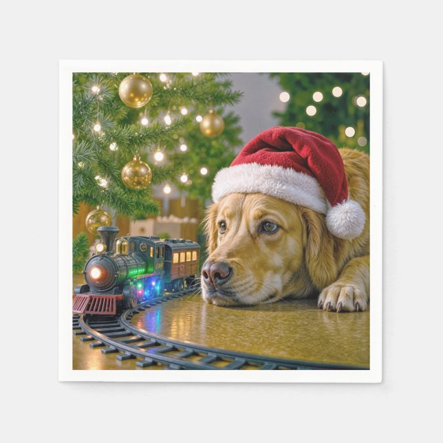 Serviette En Papier Christmas Golden Retriever Watching a Toy Train (Devant)