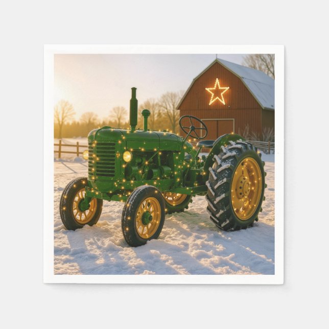 Serviette En Papier Christmas Green Tractor With Glowing Lights (Devant)