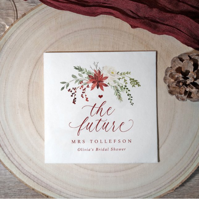 Serviette En Papier Christmas Greenery Winter Bridal Shower Wedding (Elegant winter wedding personalized bridal shower napkins with watercolor greenery & berries.)