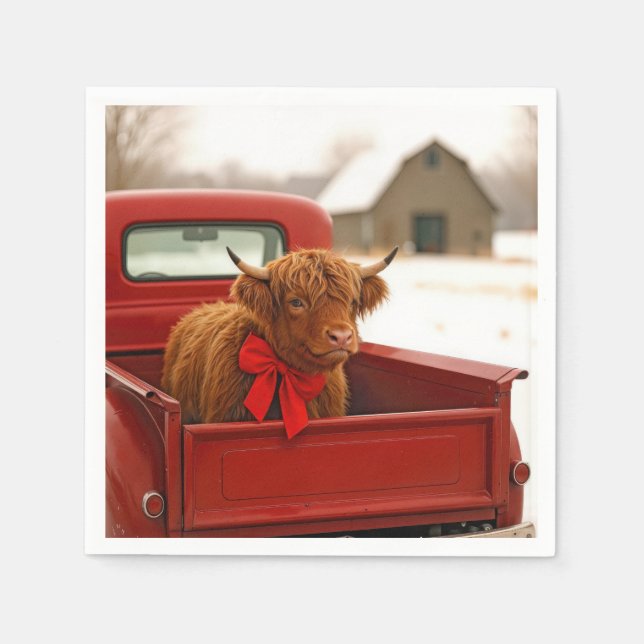 Serviette En Papier Christmas Highland Cow In Old Red Truck (Devant)