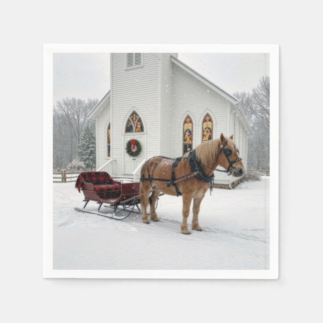 Serviette En Papier Christmas Horse-Drawn Sleigh Waiting By a Chapel (Devant)