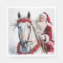 Christmas Paper Napkin Santa Riding a White Horse
