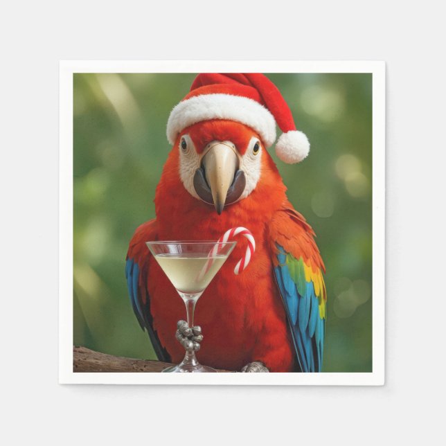 Serviette En Papier Christmas Parrot Holding a Cocktail (Devant)