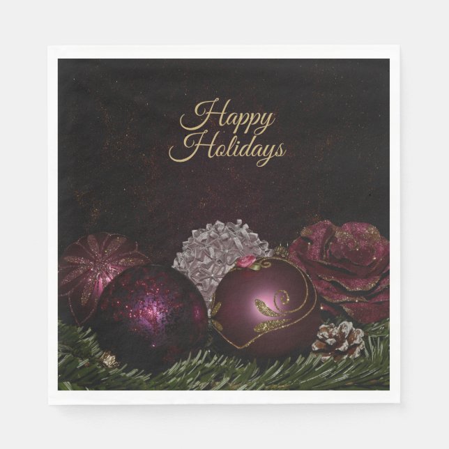 Serviette En Papier Christmas Party Pink Ornament Green Leaves Black (Devant)