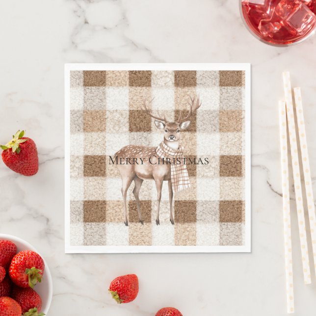 Serviette En Papier Christmas Rustic Cream Brown Plaid Deer (En situation)