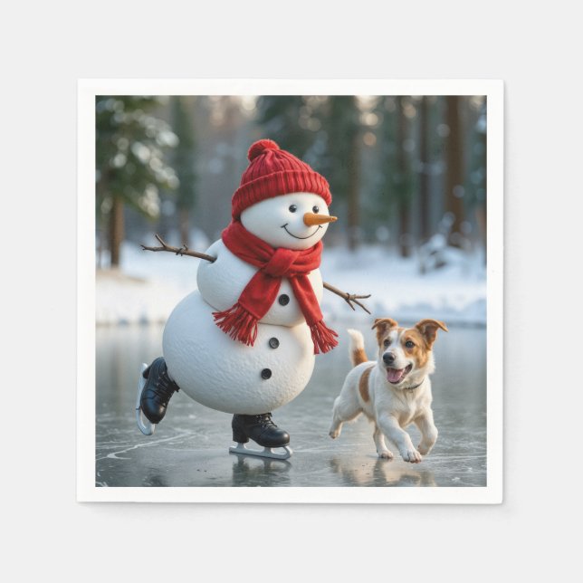 Serviette En Papier Christmas Snowman Ice Skating With Dog (Devant)