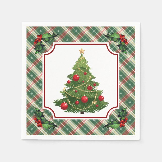Serviette En Papier Christmas Tree Plaid with Holly (Devant)