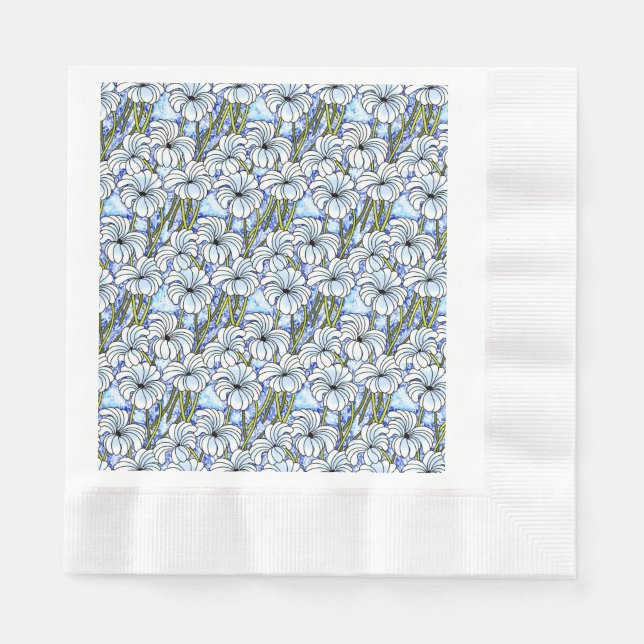 Serviette En Papier Chrysanthèmes rétro des années 60 en Blanc, Bleu e (Devant)