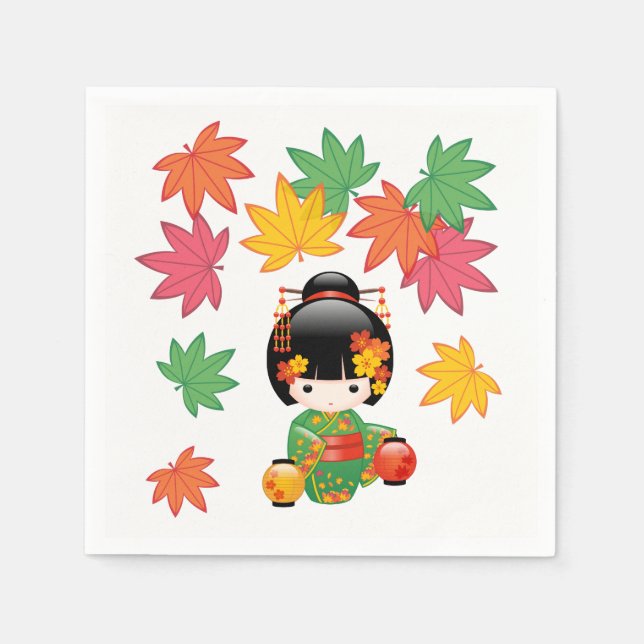 Serviette En Papier Chute Poupée Kokeshi - Green Kimono Geisha Girl (Devant)
