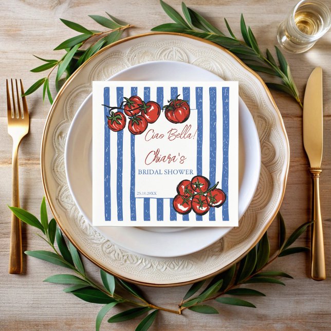 Serviette En Papier Ciao bella tomato stripes Italian bridal shower (Ciao bella tomato blue stripe Italian farmers market bridal shower personalized printed Napkins)