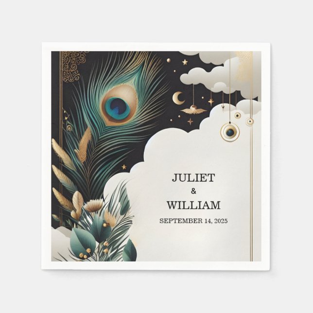 Serviette En Papier Ciel Asiatique Rustique Plume Paon Nuage Mariage (Devant)